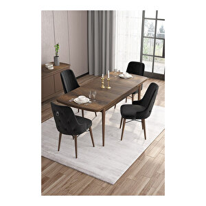 Are Serisi, Mdf 80x132 Açılabilir Barok Ahşap Desen Mutfak Masa Takımı, 4 Sandalye Gümüş Halkalı Siyah