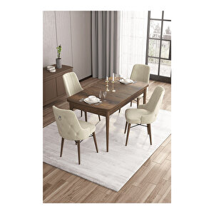 Are Serisi, Mdf 80x132 Açılabilir Barok Ahşap Desen Mutfak Masa Takımı, 4 Sandalye Gümüş Halkalı Krem