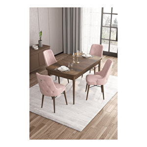 Are Serisi, Mdf 80x132 Açılabilir Barok Ahşap Desen Mutfak Masa Takımı, 4 Sandalye Gümüş Halkalı Pembe
