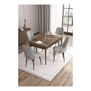 Are Serisi, Mdf 80x132 Açılabilir Barok Ahşap Desen Mutfak Masa Takımı, 4 Sandalye Gümüş Halkalı Gri