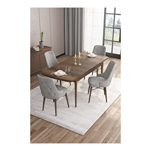 Are Serisi, Mdf 80x132 Açılabilir Barok Ahşap Desen Mutfak Masa Takımı, 4 Sandalye Gümüş Halkalı Gri
