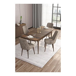 Are Serisi, Mdf 80x132 Açılabilir Barok Ahşap Desen Mutfak Masa Takımı, 4 Sandalye Gümüş Halkalı Cappucino