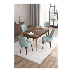 Are Serisi, Mdf 80x132 Açılabilir Barok Ahşap Desen Mutfak Masa Takımı, 4 Sandalye Gümüş Halkalı Su Yeşili