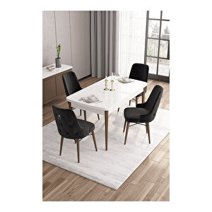 Are Serisi,beyaz Masa Ceviz Ayak Mdf 80x132 Açılabilir Yemek Odası Takımı,4 Sandalye Gümüş Halkalı Siyah