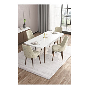 Are Serisi,beyaz Masa Ceviz Ayak Mdf 80x132 Açılabilir Yemek Odası Takımı,4 Sandalye Gümüş Halkalı Krem