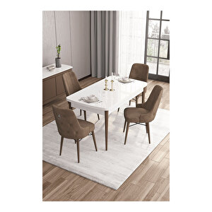 Are Serisi,beyaz Masa Ceviz Ayak Mdf 80x132 Açılabilir Yemek Odası Takımı,4 Sandalye Gümüş Halkalı Kahverengi