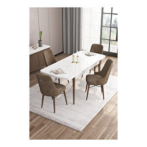 Are Serisi,beyaz Masa Ceviz Ayak Mdf 80x132 Açılabilir Yemek Odası Takımı,4 Sandalye Gümüş Halkalı Kahverengi