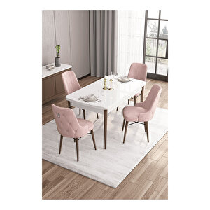 Are Serisi,beyaz Masa Ceviz Ayak Mdf 80x132 Açılabilir Yemek Odası Takımı,4 Sandalye Gümüş Halkalı Pembe
