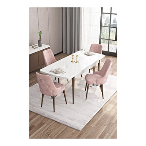 Are Serisi,beyaz Masa Ceviz Ayak Mdf 80x132 Açılabilir Yemek Odası Takımı,4 Sandalye Gümüş Halkalı Pembe