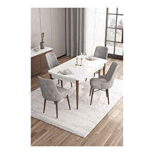 Are Serisi,beyaz Masa Ceviz Ayak Mdf 80x132 Açılabilir Yemek Odası Takımı,4 Sandalye Gümüş Halkalı Gri