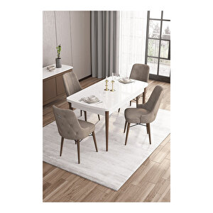 Are Serisi,beyaz Masa Ceviz Ayak Mdf 80x132 Açılabilir Yemek Odası Takımı,4 Sandalye Gümüş Halkalı Cappucino