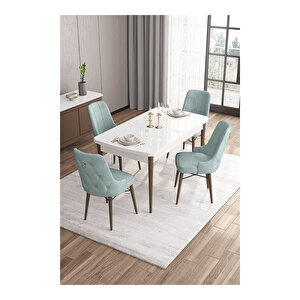 Are Serisi,beyaz Masa Ceviz Ayak Mdf 80x132 Açılabilir Yemek Odası Takımı,4 Sandalye Gümüş Halkalı Su Yeşili