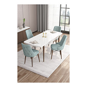 Are Serisi,beyaz Masa Ceviz Ayak Mdf 80x132 Açılabilir Yemek Odası Takımı,4 Sandalye Gümüş Halkalı Su Yeşili