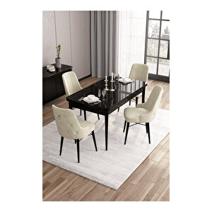 Are Serisi, 80x132 Mdf Açılabilir Siyah Mermer Desen Masa Takımı, 4 Sandalye Gümüş Halkalı Krem