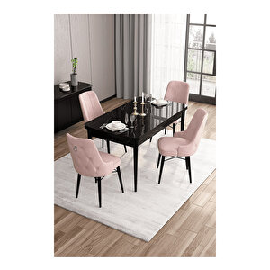 Are Serisi, 80x132 Mdf Açılabilir Siyah Mermer Desen Masa Takımı, 4 Sandalye Gümüş Halkalı Pembe