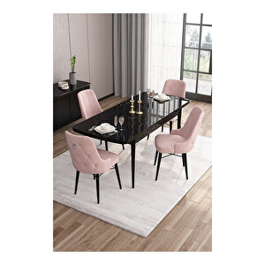 Are Serisi, 80x132 Mdf Açılabilir Siyah Mermer Desen Masa Takımı, 4 Sandalye Gümüş Halkalı Pembe