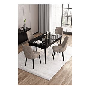 Are Serisi, 80x132 Mdf Açılabilir Siyah Mermer Desen Masa Takımı, 4 Sandalye Gümüş Halkalı Cappucino
