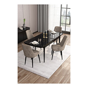 Are Serisi, 80x132 Mdf Açılabilir Siyah Mermer Desen Masa Takımı, 4 Sandalye Gümüş Halkalı Cappucino