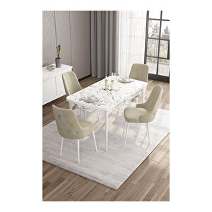 Are Serisi, 80x132 Mdf Açılabilir Beyaz Mermer Desen Masa Takımı, 4 Sandalye Gümüş Halkalı Krem