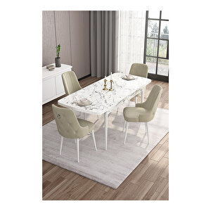 Are Serisi, 80x132 Mdf Açılabilir Beyaz Mermer Desen Masa Takımı, 4 Sandalye Gümüş Halkalı Krem