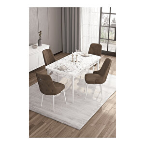 Are Serisi, 80x132 Mdf Açılabilir Beyaz Mermer Desen Masa Takımı, 4 Sandalye Gümüş Halkalı Kahverengi