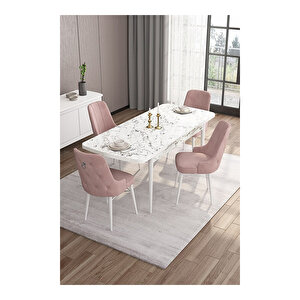 Are Serisi, 80x132 Mdf Açılabilir Beyaz Mermer Desen Masa Takımı, 4 Sandalye Gümüş Halkalı Pembe