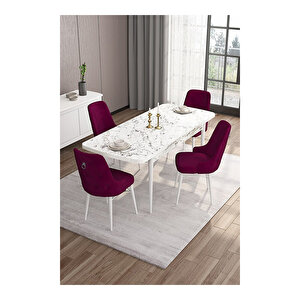 Are Serisi, 80x132 Mdf Açılabilir Beyaz Mermer Desen Masa Takımı, 4 Sandalye Gümüş Halkalı Mürdüm