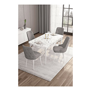Are Serisi, 80x132 Mdf Açılabilir Beyaz Mermer Desen Masa Takımı, 4 Sandalye Gümüş Halkalı Gri