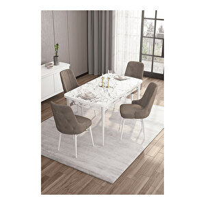 Are Serisi, 80x132 Mdf Açılabilir Beyaz Mermer Desen Masa Takımı, 4 Sandalye Gümüş Halkalı Cappucino