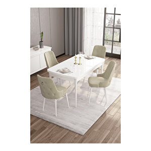 Are Serisi, 80x132 Mdf Açılabilir Beyaz Masa Takımı, 4 Sandalye Gümüş Halkalı Krem