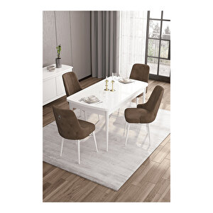 Are Serisi, 80x132 Mdf Açılabilir Beyaz Masa Takımı, 4 Sandalye Gümüş Halkalı Kahverengi