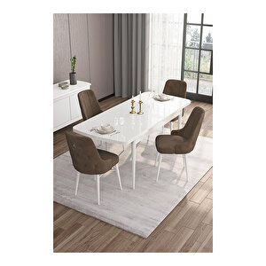 Are Serisi, 80x132 Mdf Açılabilir Beyaz Masa Takımı, 4 Sandalye Gümüş Halkalı Kahverengi