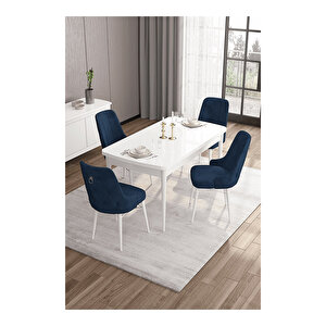 Are Serisi, 80x132 Mdf Açılabilir Beyaz Masa Takımı, 4 Sandalye Gümüş Halkalı Lacivert