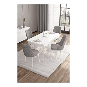 Are Serisi, 80x132 Mdf Açılabilir Beyaz Masa Takımı, 4 Sandalye Gümüş Halkalı Gri
