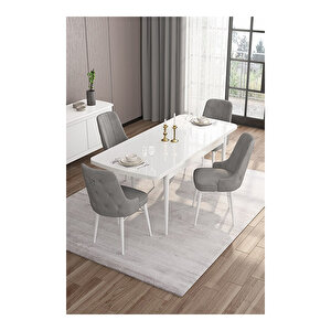Are Serisi, 80x132 Mdf Açılabilir Beyaz Masa Takımı, 4 Sandalye Gümüş Halkalı