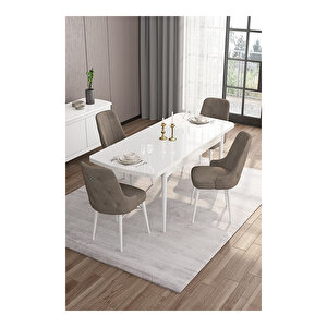 Are Serisi, 80x132 Mdf Açılabilir Beyaz Masa Takımı, 4 Sandalye Gümüş Halkalı Cappucino