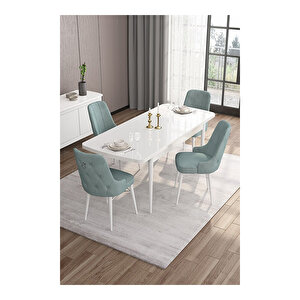 Are Serisi, 80x132 Mdf Açılabilir Beyaz Masa Takımı, 4 Sandalye Gümüş Halkalı Su Yeşili