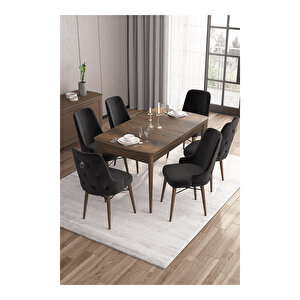 Are Serisi, Mdf 80x132 Açılabilir Barok Ahşap Desen Mutfak Masa Takımı, 6 Sandalye Gümüş Halkalı Siyah
