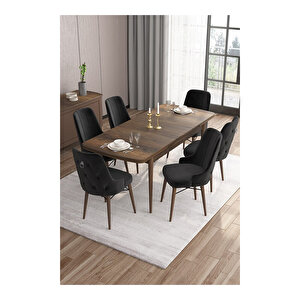 Are Serisi, Mdf 80x132 Açılabilir Barok Ahşap Desen Mutfak Masa Takımı, 6 Sandalye Gümüş Halkalı Siyah