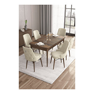 Are Serisi, Mdf 80x132 Açılabilir Barok Ahşap Desen Mutfak Masa Takımı, 6 Sandalye Gümüş Halkalı Krem