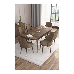 Are Serisi, Mdf 80x132 Açılabilir Barok Ahşap Desen Mutfak Masa Takımı, 6 Sandalye Gümüş Halkalı Kahverengi