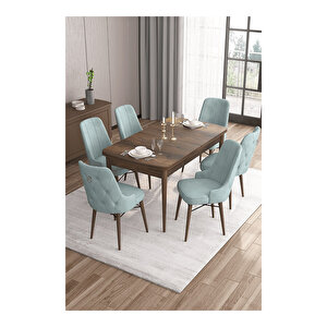 Are Serisi, Mdf 80x132 Açılabilir Barok Ahşap Desen Mutfak Masa Takımı, 6 Sandalye Gümüş Halkalı Su Yeşili