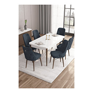 Are Serisi,beyaz Masa Ceviz Ayak Mdf 80x132 Açılabilir Yemek Odası Takımı,6 Sandalye Gümüş Halkalı Antrasit