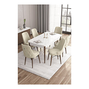 Are Serisi,beyaz Masa Ceviz Ayak Mdf 80x132 Açılabilir Yemek Odası Takımı,6 Sandalye Gümüş Halkalı Krem