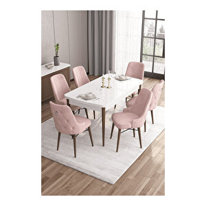 Are Serisi,beyaz Masa Ceviz Ayak Mdf 80x132 Açılabilir Yemek Odası Takımı,6 Sandalye Gümüş Halkalı Pembe