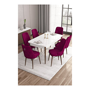 Are Serisi,beyaz Masa Ceviz Ayak Mdf 80x132 Açılabilir Yemek Odası Takımı,6 Sandalye Gümüş Halkalı
