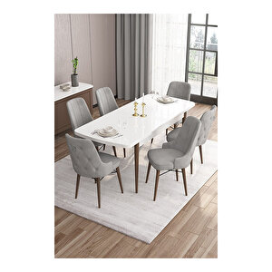 Are Serisi,beyaz Masa Ceviz Ayak Mdf 80x132 Açılabilir Yemek Odası Takımı,6 Sandalye Gümüş Halkalı Gri