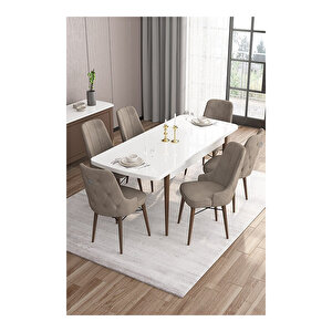 Are Serisi,beyaz Masa Ceviz Ayak Mdf 80x132 Açılabilir Yemek Odası Takımı,6 Sandalye Gümüş Halkalı Cappucino