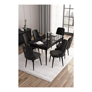 Are Serisi, 80x132 Mdf Açılabilir Siyah Mermer Desen Masa Takımı, 6 Sandalye Gümüş Halkalı Siyah
