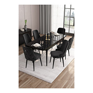 Are Serisi, 80x132 Mdf Açılabilir Siyah Mermer Desen Masa Takımı, 6 Sandalye Gümüş Halkalı Siyah